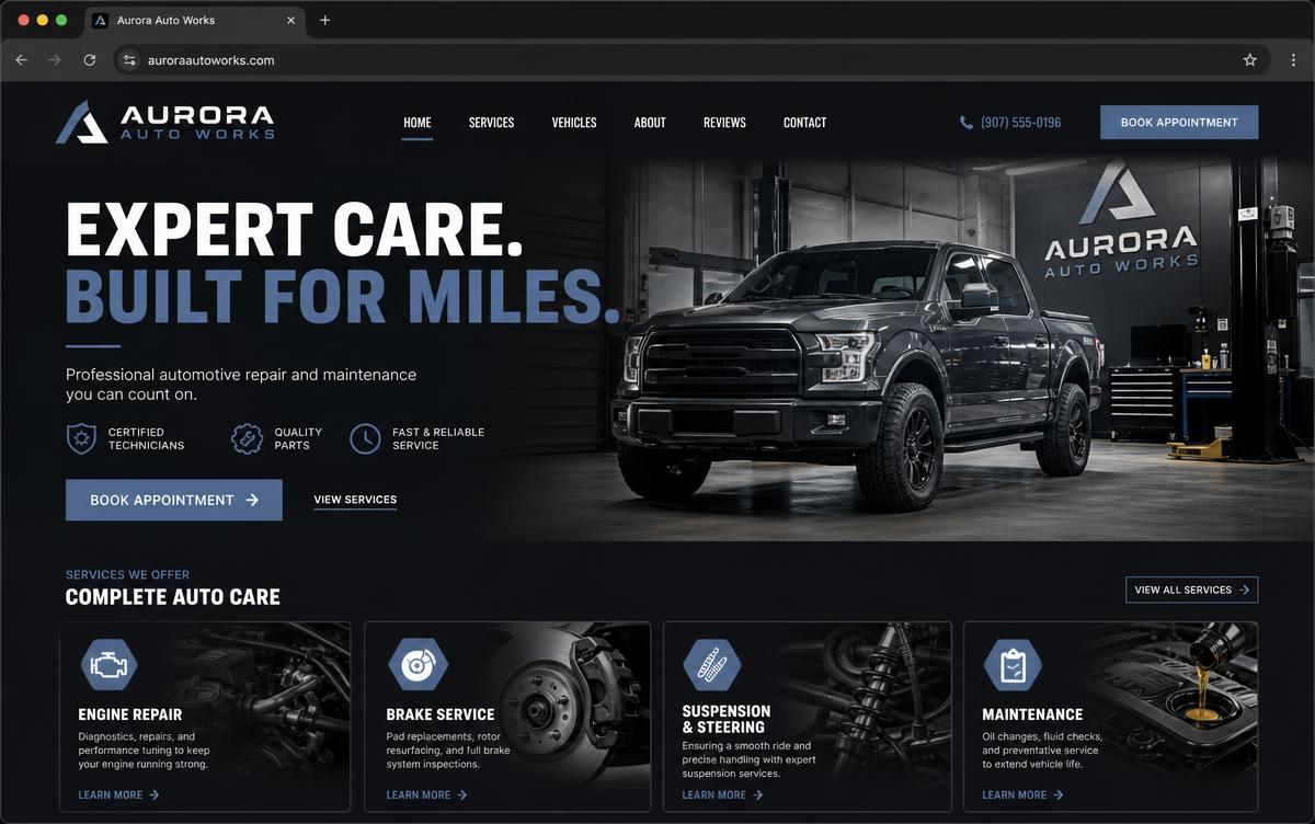 Aurora Auto Works website concept preview